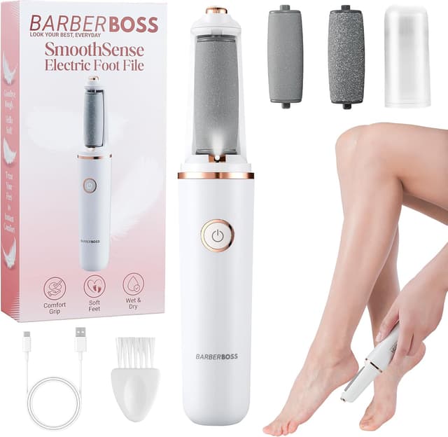 Detalle de BarberBoss QR-5101 : râpe électrique rechargeable pour les pieds, kit de pédicure avec rouleaux fins et épais