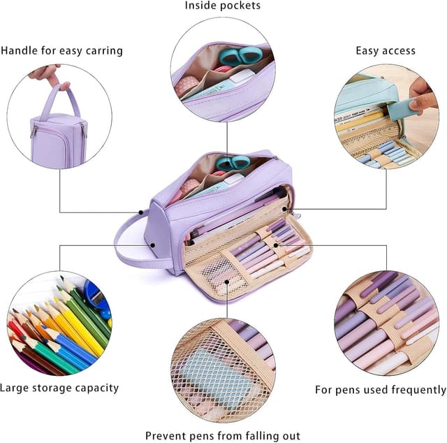 Detalle de KALIDI Federmäppchen mit 2 Fächern, große Kapazität und Tragegriff (Grau)