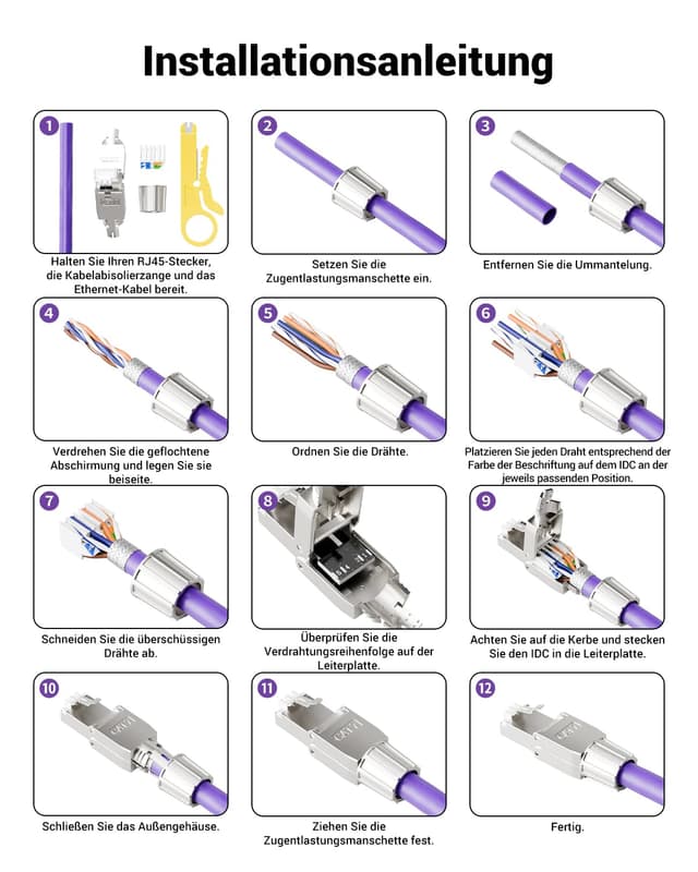Thumbnail 6 de VCELINK RJ45 Stecker Cat7 werkzeuglos, geschirmt – PoE-kompatibel (4 Stück), 10 Gbit/s / 600 MHz