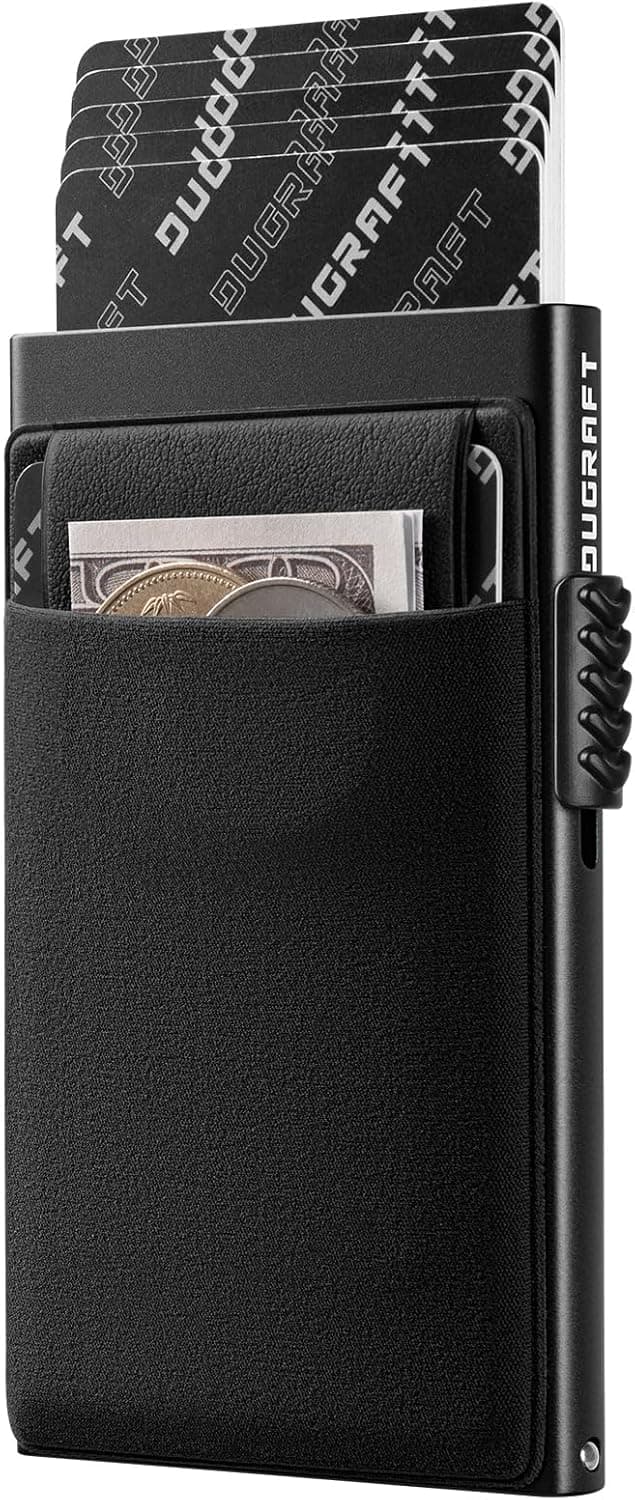 Detalle de DUGRAFT Men’s Pop-Up Credit Card Holder Wallet (Slim RFID Blocking Aluminium) with Coin Pocket – Black