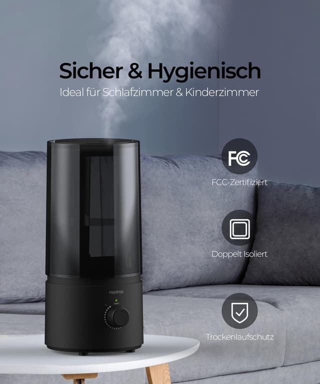 Detalle de raydrop Ultraschall-Luftbefeuchter fürs Schlafzimmer (1,7 L) – leise & platzsparend, mit automatischer Abschaltung, schwarz
