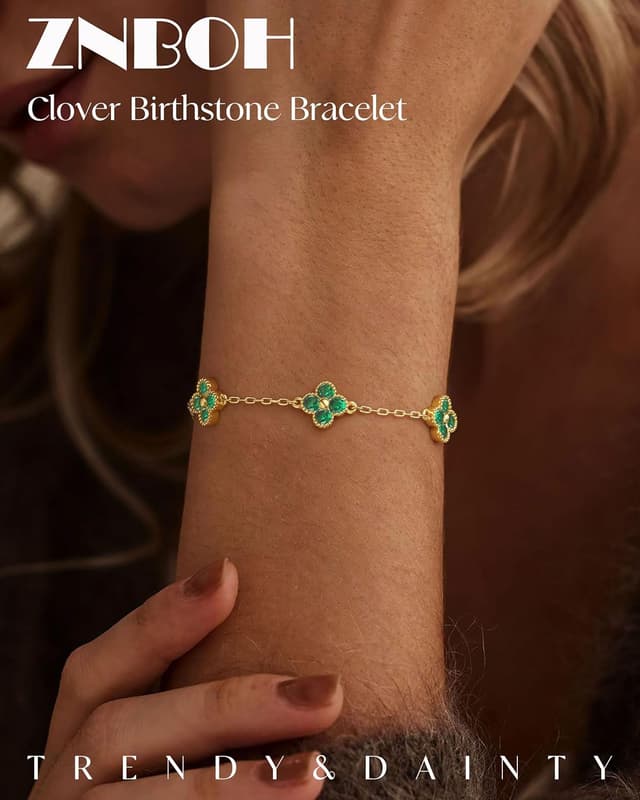 Detalle 2 de ZNBOH Kleeblatt-Armband für Damen, 18K vergoldet, mit Geburtsstein und Zirkonia