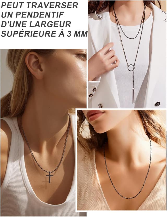 Detalle de Collier ChaînesPro pour femme en acier inoxydable 2 mm, design rolo simple (46 à 76 cm) – argenté, or, or rose ou noir
