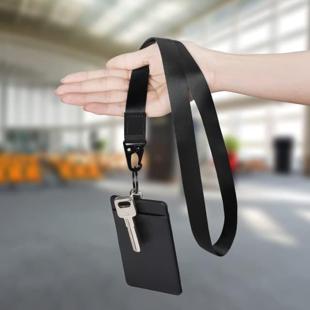 Detalle de Vicloon Umhängeband Schlüsselband (2er-Set) mit echtem Leder und Metallring – Schwarz