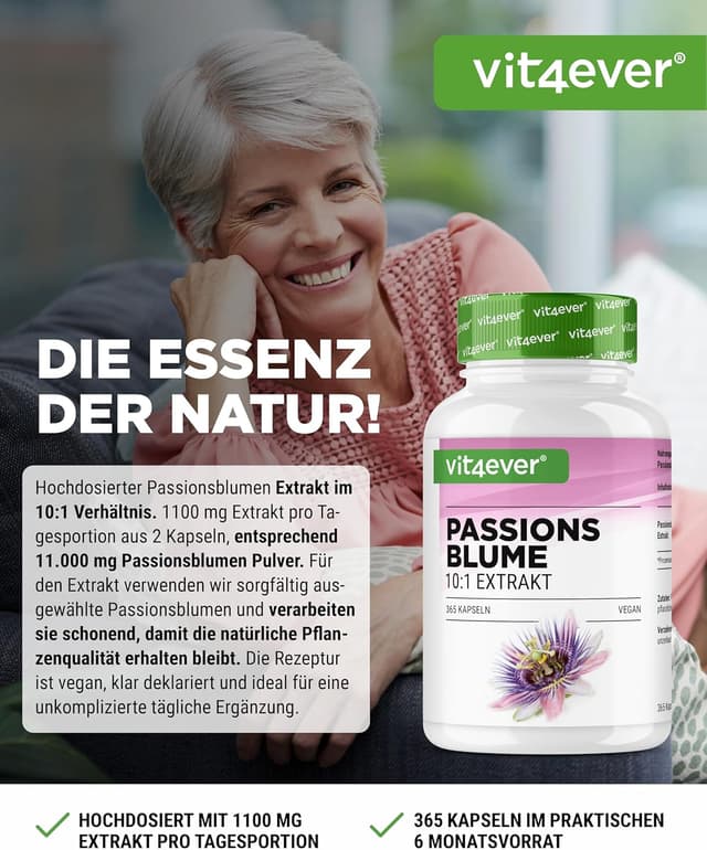 Detalle de Passionsblume Extrakt Premium 10:1 (1.100 mg) – 365 vegane Kapseln