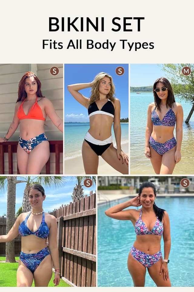 Detalle de Yonique Women Two-Piece Push-Up Bikini Set with Halter Top and V-Cut Bottoms