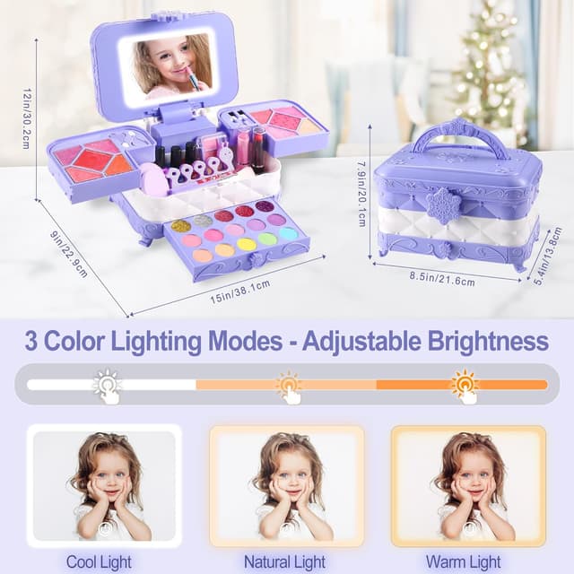 Detalle de YasinKidz 59 in 1 Kids Makeup Kit with 3-Color LED Mirror (Age 3+)