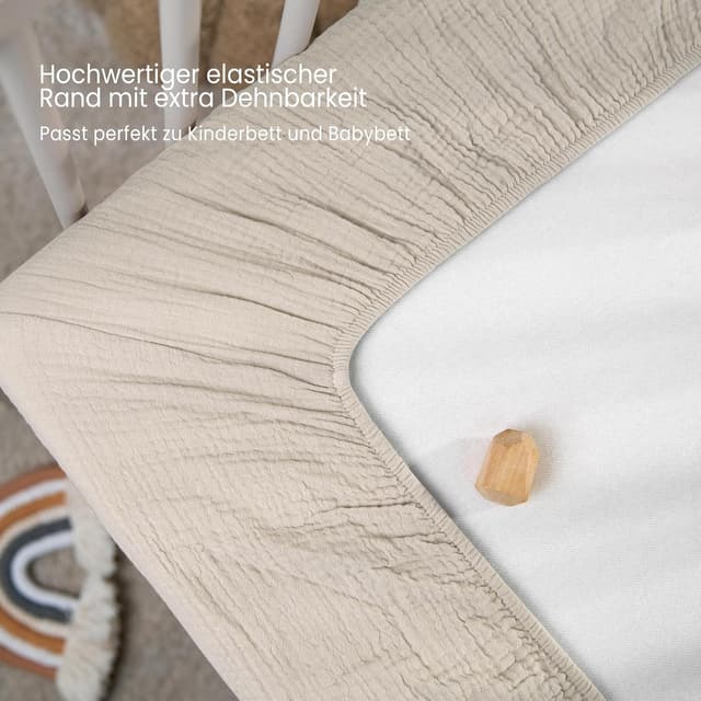 Detalle de lulumoon 2er Pack Musselin-Spannbettlaken für Babybett & Reisebett (60x120/70x140 cm) – Gänseblümchen Weiß