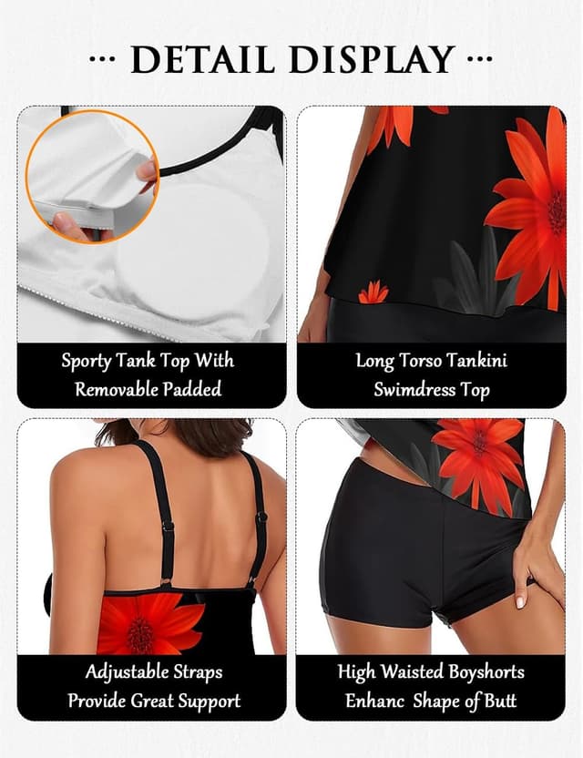 Detalle de Urchics 2026 Women’s Plus Size Tankini Two-Piece Swimsuit with Long Torso Top & High-Waisted Boyshorts