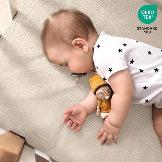 Detalle 2 de lulumoon 2er-Pack Musselin-Spannbettlaken für Babybett & Reisebett (60x120 cm / 70x140 cm)