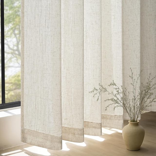 Detalle de Topfinel Vorhänge mit Kräuselband (2er Set) Beige Natural Boho Leinenoptik, halbtransparent – 140×245 cm