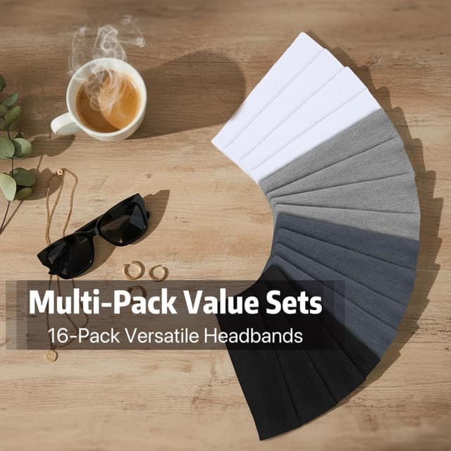 Detalle 2 de Huachi 16-Pack Non Slip Cotton Headbands for Women (Black, White, Gray) for Workout, Yoga & Everyday Wear