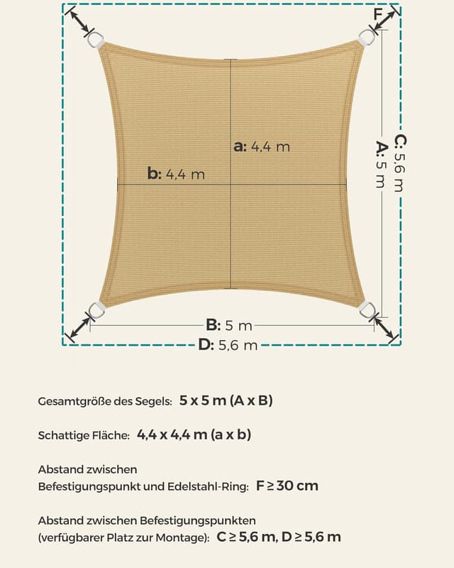 Detalle 1 de SONGMICS Sonnensegel 5 x 5 m HDPE