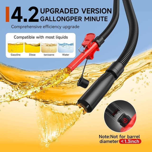 Detalle de SENBOWE Automatic Fuel Transfer Pump with Auto-Stop (Up to 4.2 GPM), Battery or USB Powered, 51" Hose