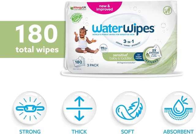 Detalle de WaterWipes Sensitive+ Baby & Toddler Wipes (99.9% water), Unscented, 180 Count (3 Packs) — 3-in-1 cleans, cares & protects