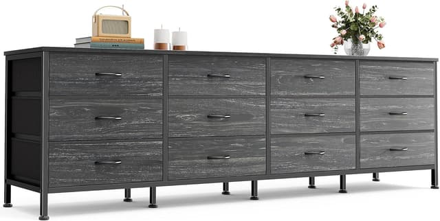 Detalle de Huuger 70 Inch Dresser with 12 Fabric Drawers (Charcoal Black Wood Grain) — TV Stand for Up to 80 Inch Screens