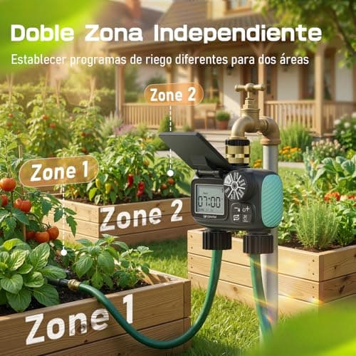 Detalle 2 de Programador de riego solar CyberOrd de 2 zonas con carga solar y modos automático/manual y retraso por lluvia