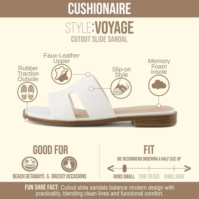 Detalle 2 de CUSHIONAIRE Voyage Cutout Strap Slides for Women — Memory Foam Vegan Leather Slip-On Summer Flats