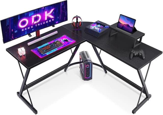 Detalle de ODK L Shaped Gaming Desk with Monitor Stand (127x127x75 cm) – Black