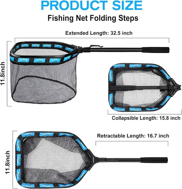 Detalle de PLUSINNO Floating Fishing Net Landing Net (Rubber-Coated, Foldable) for Kayak, Steelhead, Salmon, Trout & More