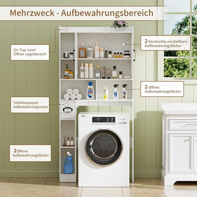 Detalle de BonVache Waschmaschinenschrank mit 2 Türen und Seitenfach – weiß, mit verstellbaren Ablagen