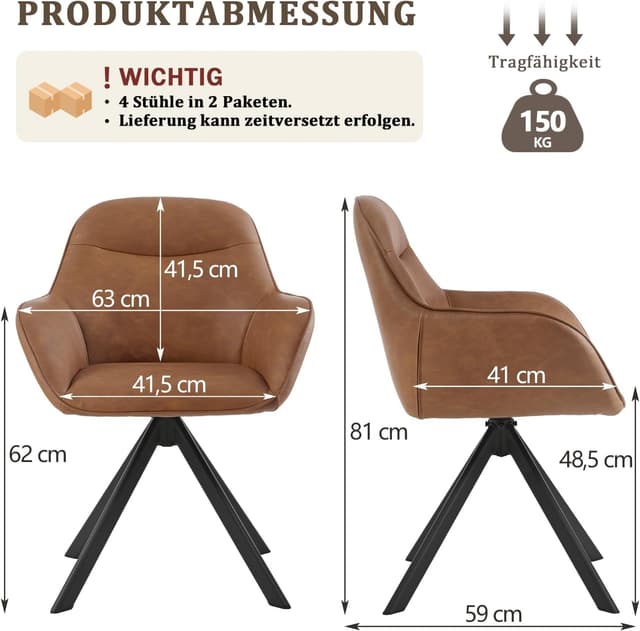 Detalle de Goeurvant Sedie Sala da Pranzo in PU girevoli 360° con braccioli (set da 4), marroni