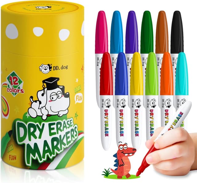 Detalle de DD.DOG 12 Colour Kids Dry Wipe Whiteboard Pens (Non-Toxic, Low Odour) Mini Fine Tip