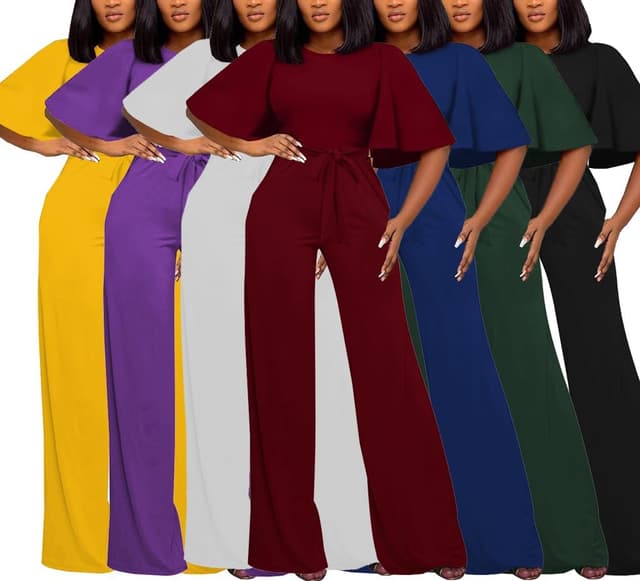 Detalle 2 de BessCops Women’s Loose Short Sleeve Belted Wide-Leg Pant Romper Jumpsuit