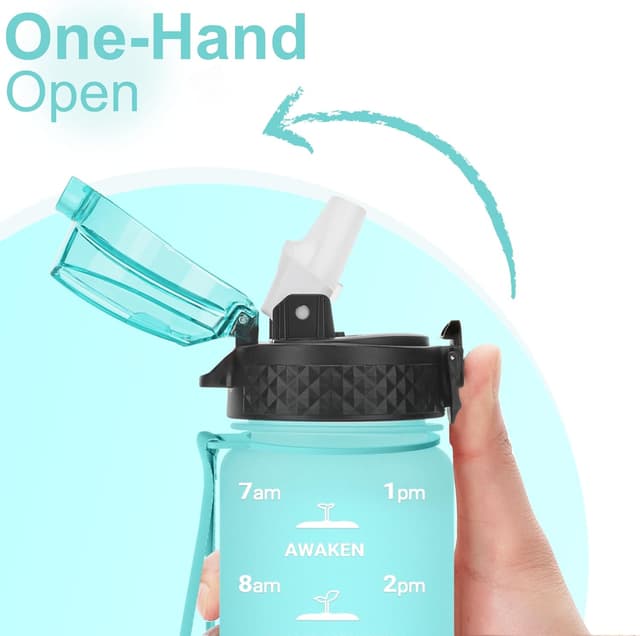 Detalle 2 de GOPPUS 500ml Kids Water Bottle (Straw + Flip-Top Lid) with Strap, Leakproof, BPA Free, Time Markings (Green)