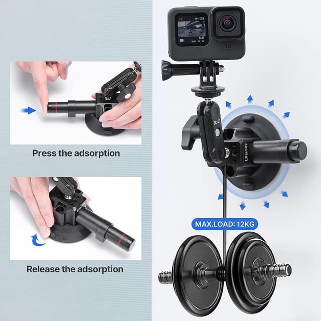 Detalle 2 de UURig SC-01 3" Suction Mount for Vlogging Action Cameras with Smartphone Clamp (1/4" Magic Arm)