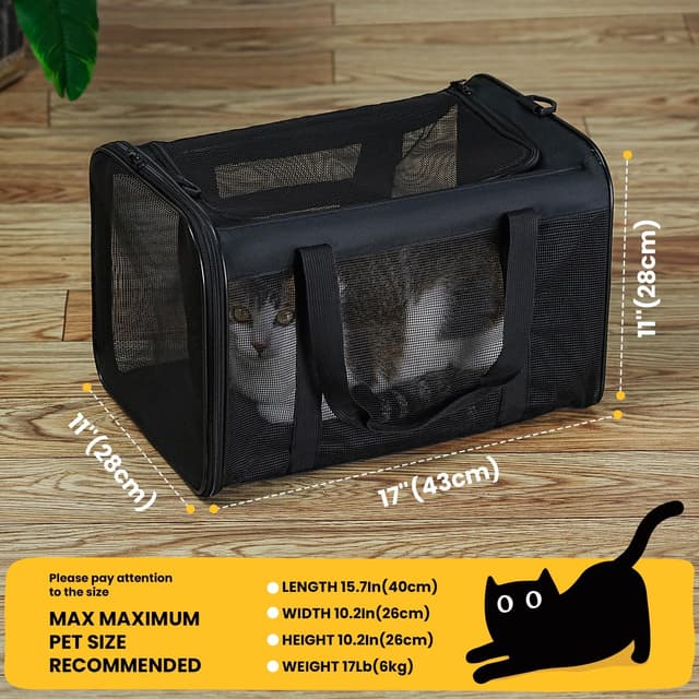 Detalle de Conlun Katzentransportbox faltbar (Weiche Transporttasche) mit 4-seitigem Netz – bis 6 kg, 43 × 28 × 28 cm, Schwarz
