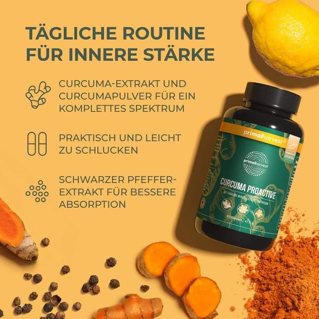 Detalle de Primal Harvest Curcuma Proactiv – 60 Kapseln mit 95% Curcuminoiden & BioPerine, vegan, laborgeprüft
