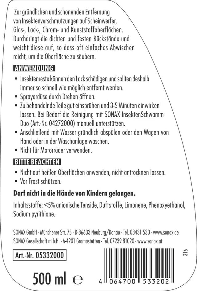 Detalle de SONAX InsektenEntferner 500 ml – Insektenreste von Glas, Lack, Chrom & Kunststoff entfernen