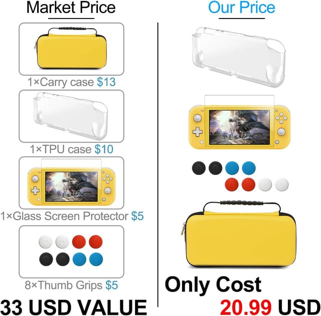 Detalle 2 de YUANHOT Tasche & Schutzhülle Set für Nintendo Switch Lite (Gelb) mit TPU-Hülle, Displayschutzfolie und Griffkappen