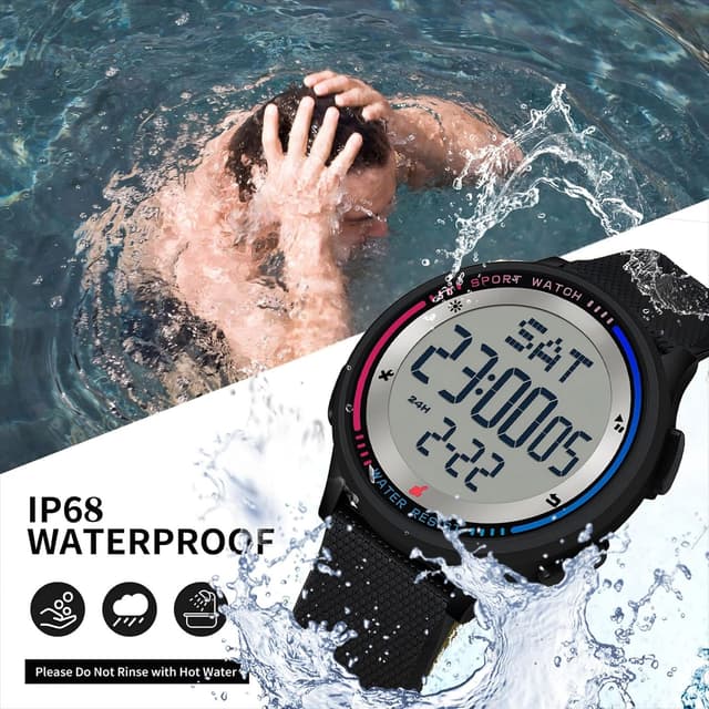 Detalle de findtime Digital-Damenuhr mit 5ATM, Dualzeit & Countdown – Rosa, mit Leuchtziffern