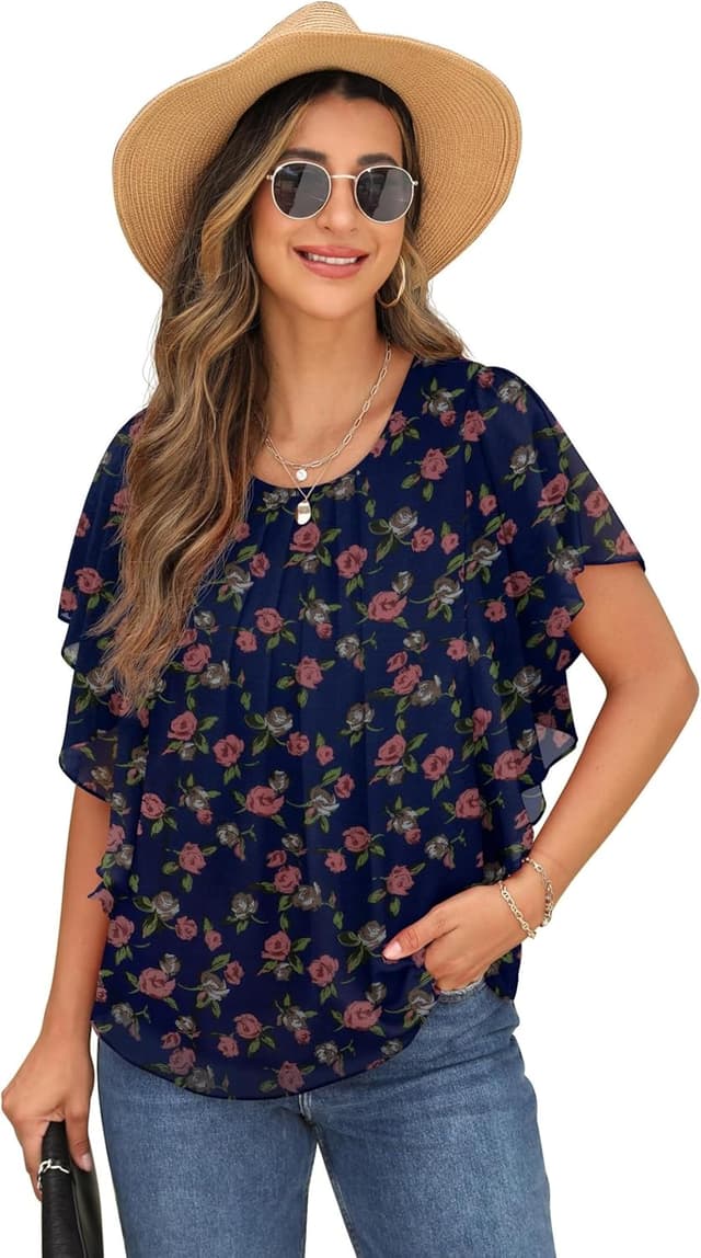 Detalle de QIXING Chiffon Kurzarm Bluse Damen mit Fledermausärmel und Rundhalsausschnitt