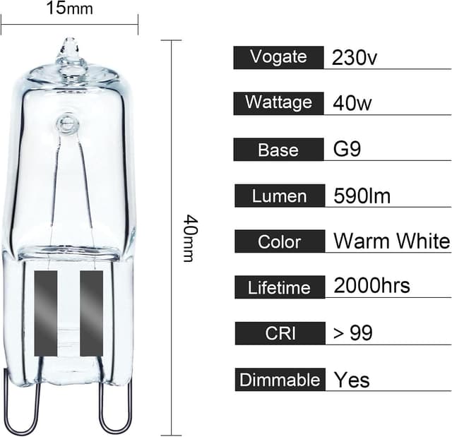 Detalle de GMY Halogen G9 Oven Bulbs 40W 230V (G9) 300°C heat tolerant – 4 Pack