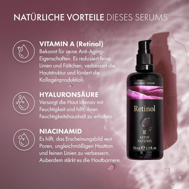 Detalle de Satin Naturel Retinol Serum 50 ml – Anti-Aging & Anti-Falten Gesichtsserum mit Retinol, Hyaluron & Niacinamid