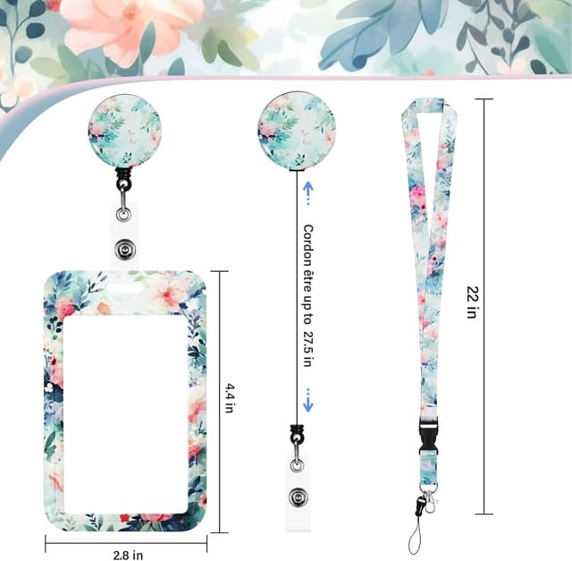 Detalle de Porte-badge Lusibaka pour carte avec cordon tour de cou rétractable et mousqueton rotatif (H-Fleurs roses blanches)