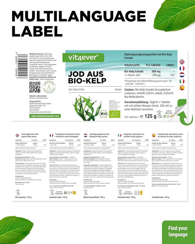 Detalle 2 de vit4ever Bio Kelp mit natürlichem Jod (200 µg) – 365 Tabletten, vegan