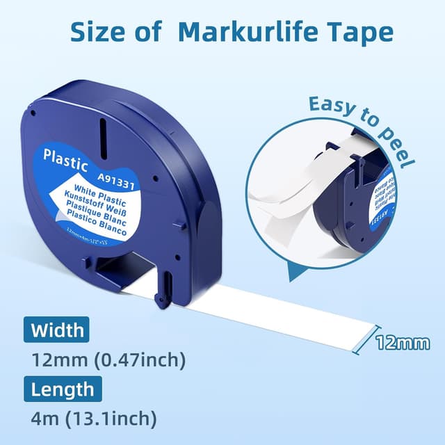 Detalle 2 de A91221 White Plastic Etikettenband 12 mm x 4 m (kompatibel mit Dymo LetraTag & weiteren Geräten) – wasserfest & UV-beständig