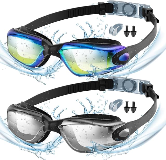 Detalle de Yomisee Swimming Goggles 2 Pack with Anti-Fog Lenses, Nose Clip & Earplugs (Clear Vision, UV Protection)