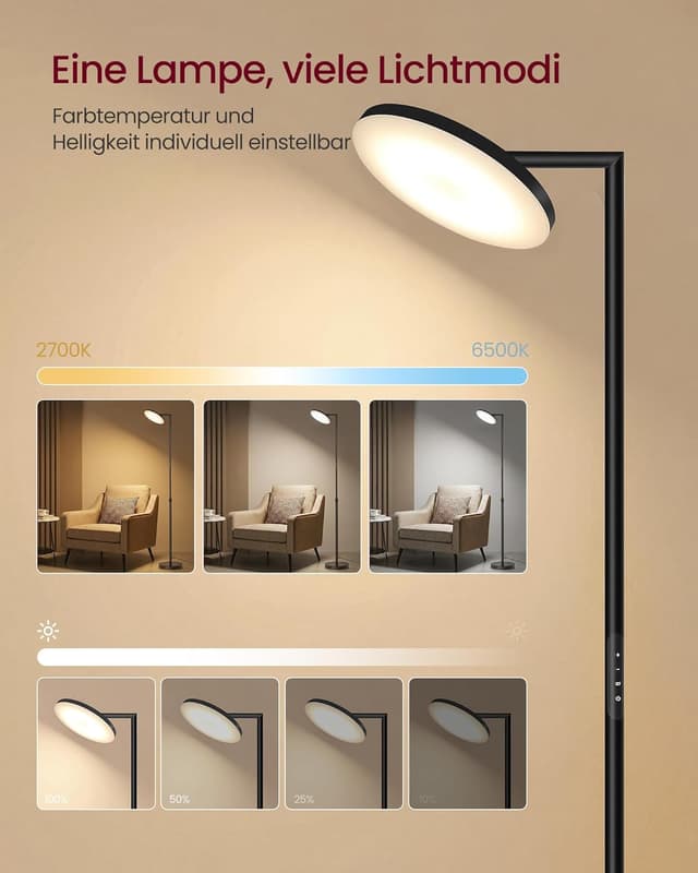 Detalle 1 de VASAGLE LED-Stehlampe LFL008BD02 für Wohnzimmer & Schlafzimmer – höhenverstellbar, drehbarer Kopf, Timer, Memory