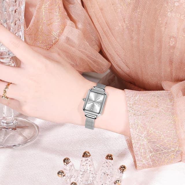 Detalle de Taxau Damenarmbanduhr eckig mit Edelstahl-Mesh-Armband (Quarz, roségold) – Wasserdicht bis 3 ATM