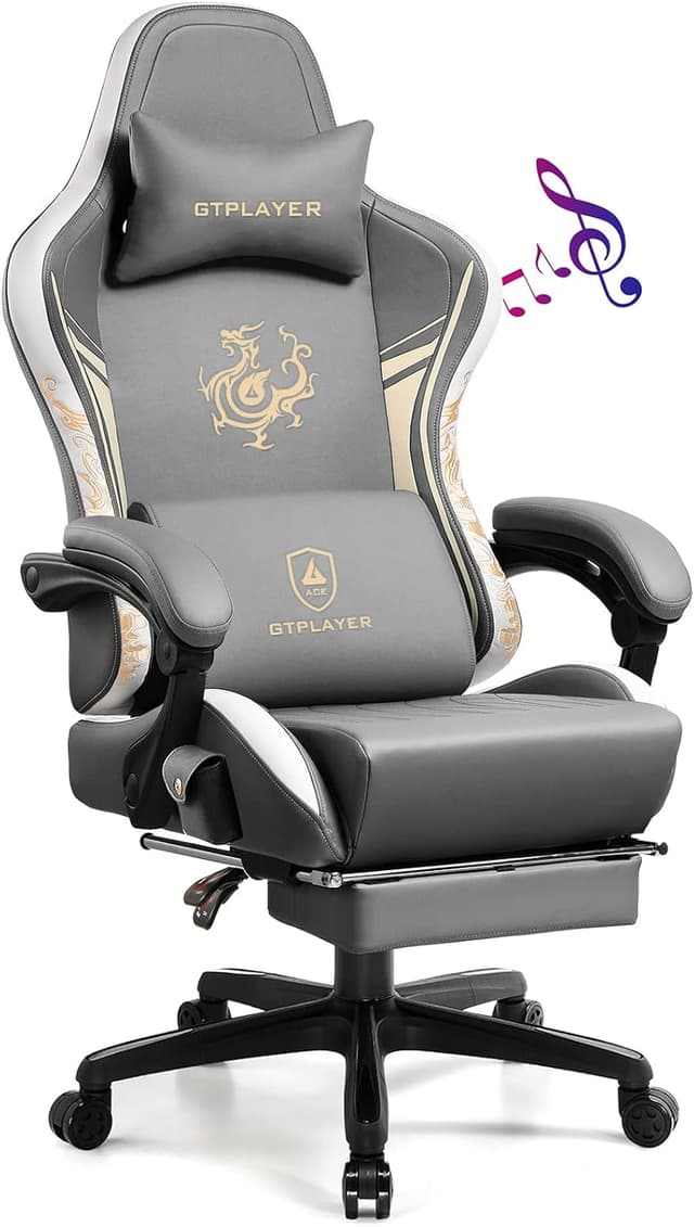 Detalle de GTPLAYER Serie Dragon sedia gaming ergonomica reclinabile con altoparlanti Bluetooth 5.1 e poggiapiedi (grigio)