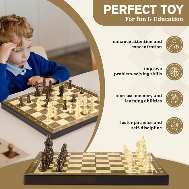 Thumbnail 6 de Peradix 2 in 1 Chess Set & Draughts Board (15" magnetic foldable walnut style) with extra queen pieces