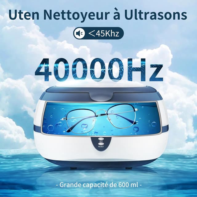 Detalle de Uten Nettoyeur à ultrasons 600 ml avec panier et support automatique (40 000 Hz) pour bijoux, lunettes, dentier