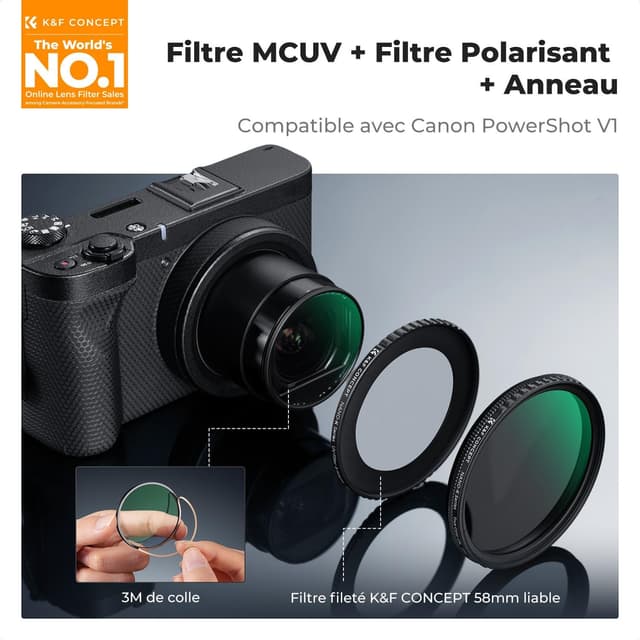 Detalle 2 de Kit K&F Concept : filtre UV Protection + polarisant True Color compatible Canon PowerShot V1, avec bague et chiffon
