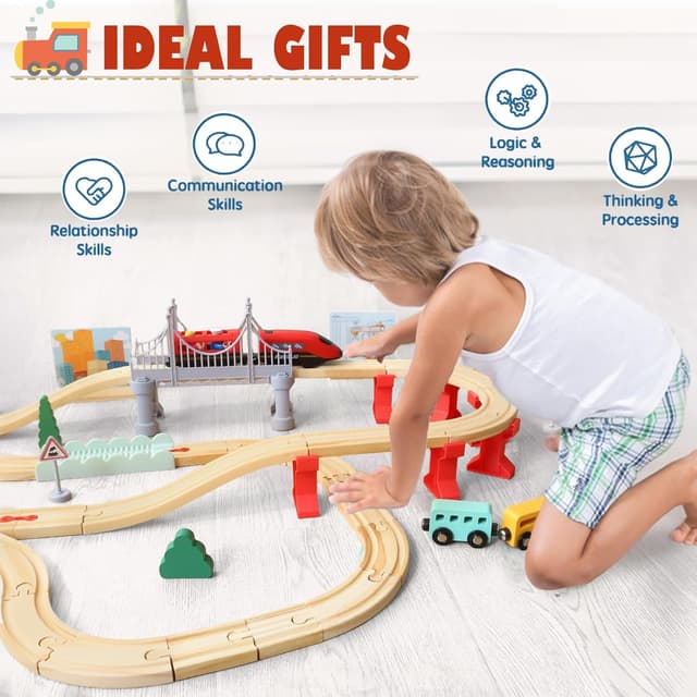 Detalle de XIAPIA 72-piece wooden train set for toddlers (magnetic trains & battery train)