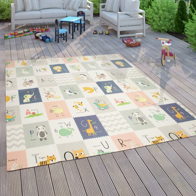 Detalle de Paco Home faltbare Spielmatte/Krabbelmatte für Babys und Kinder, 180 x 200 cm, weiß mit Tiermotiven